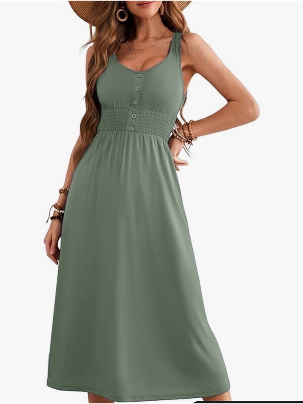 Sleeveless Olive Midi Sundress with Button Front